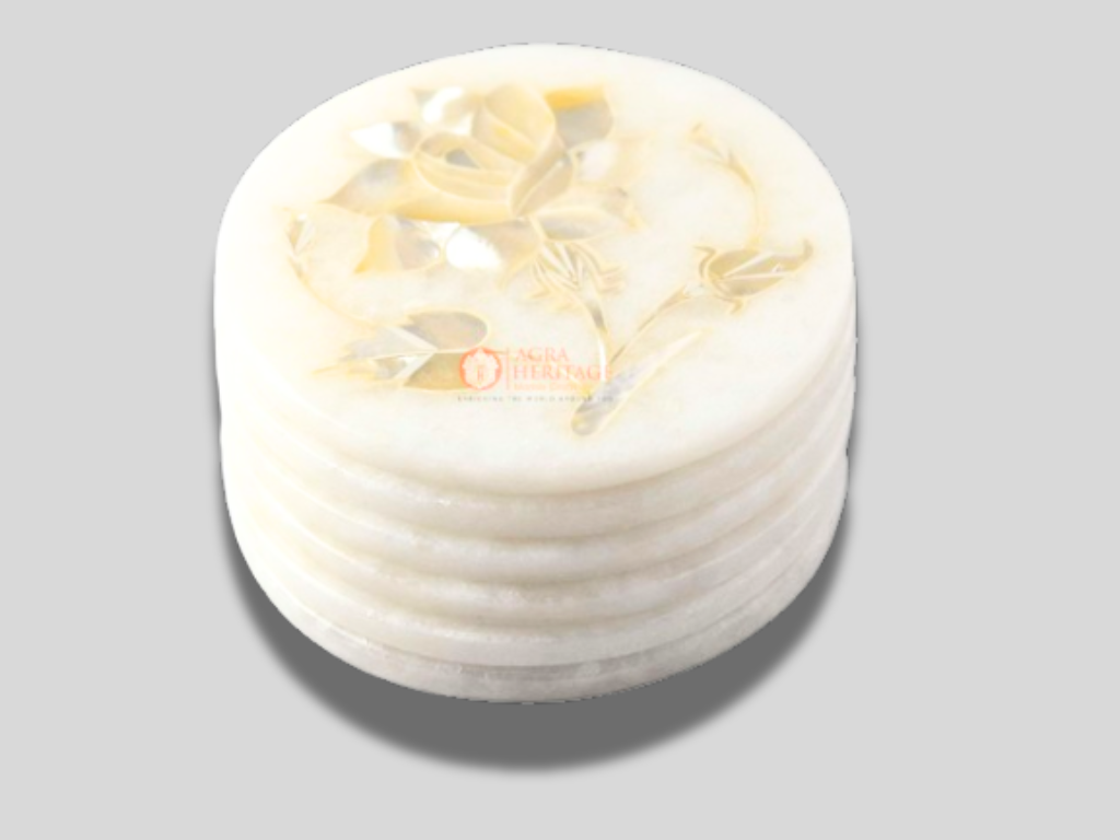 White Marble Coaster Set Mother of Pearl Floral Inlay Art